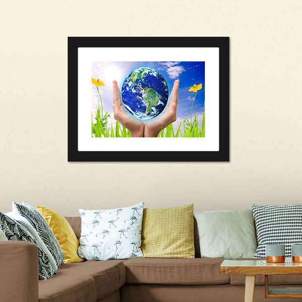 Hand Holding Planet Earth Canvas Wall Art-5 Horizontal-Gallery Wrap-22" x 12"-Tiaracle