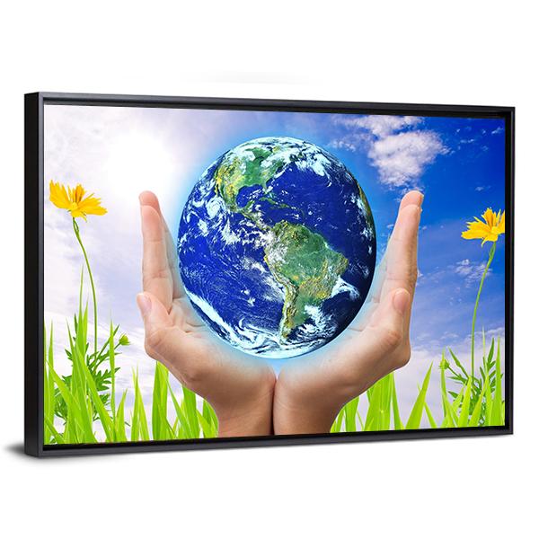 Hand Holding Planet Earth Canvas Wall Art-5 Horizontal-Gallery Wrap-22" x 12"-Tiaracle