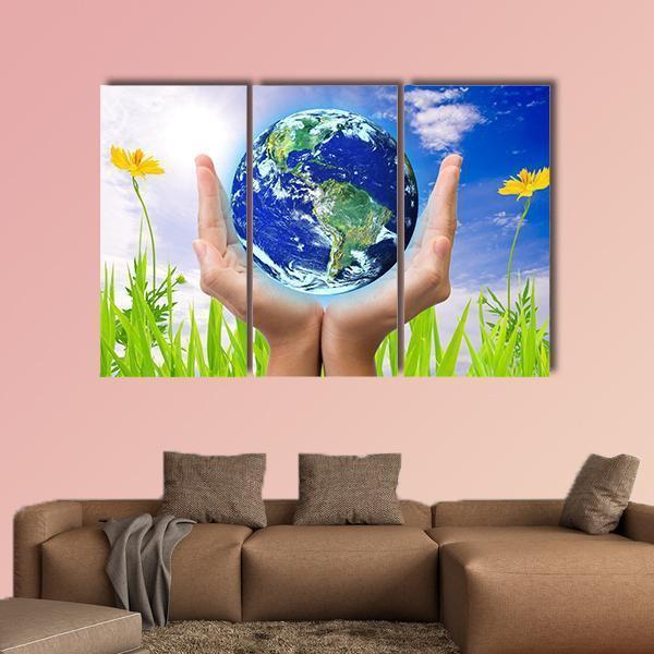 Hand Holding Planet Earth Canvas Wall Art-3 Horizontal-Gallery Wrap-37" x 24"-Tiaracle
