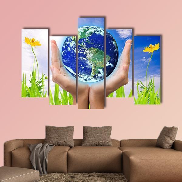 Hand Holding Planet Earth Canvas Wall Art-5 Pop-Gallery Wrap-47" x 32"-Tiaracle