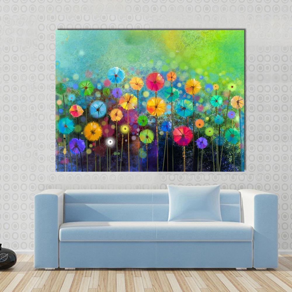 Hand Painted Colorful Flowers Canvas Wall Art in green, blue and multicolor, single panel hung on a wall