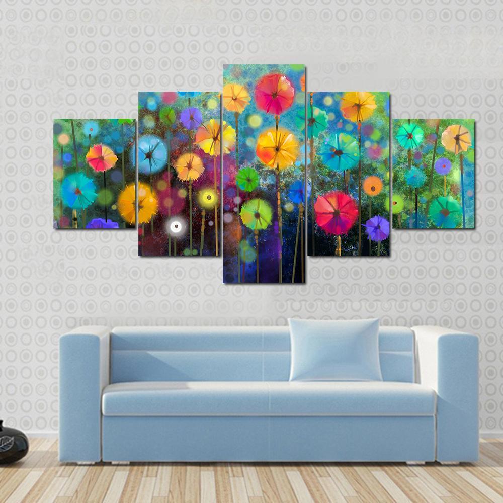 Hand Painted Colorful Flowers Canvas Wall Art-5 Star-Gallery Wrap-62&quot; x 32&quot;-Tiaracle
