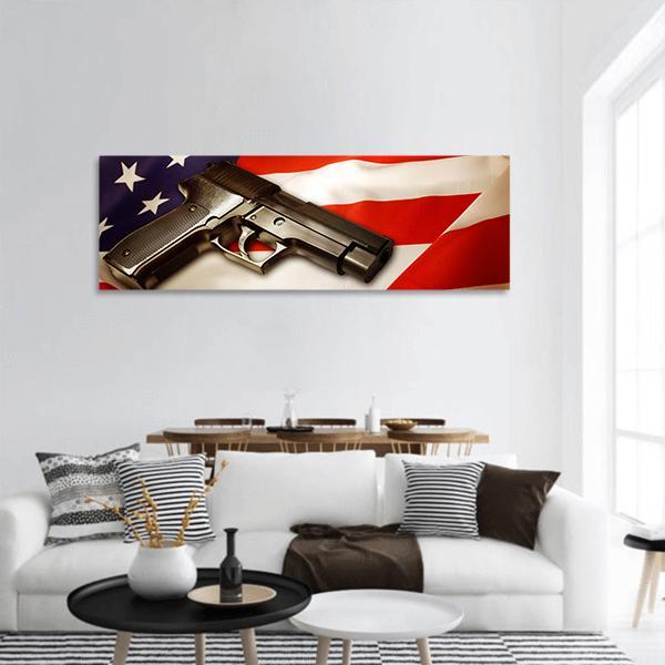 Gun Lying On American Flag Panoramic Canvas Wall Art-1 Piece-36" x 12"-Tiaracle