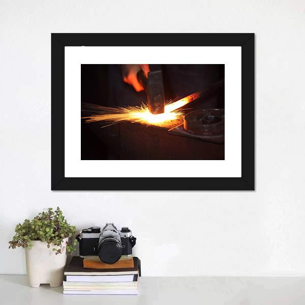 Hands Of Smith With Hammet And Steel Stick On Anvil Canvas Wall Art-1 Piece-Framed Print-20" x 16"-Tiaracle
