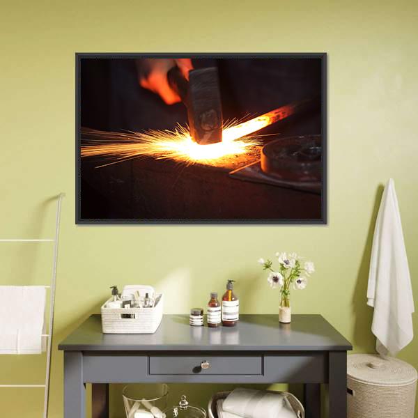 Hands Of Smith With Hammet And Steel Stick On Anvil Canvas Wall Art-1 Piece-Floating Frame-24" x 16"-Tiaracle
