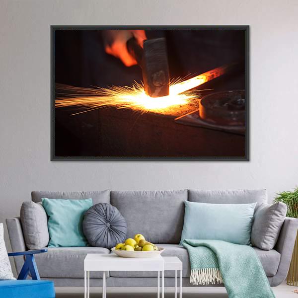 Hands Of Smith With Hammet And Steel Stick On Anvil Canvas Wall Art-3 Horizontal-Gallery Wrap-25" x 16"-Tiaracle