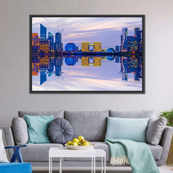 Hangzhou Skyline At Night Canvas Wall Art-5 Horizontal-Gallery Wrap-22" x 12"-Tiaracle