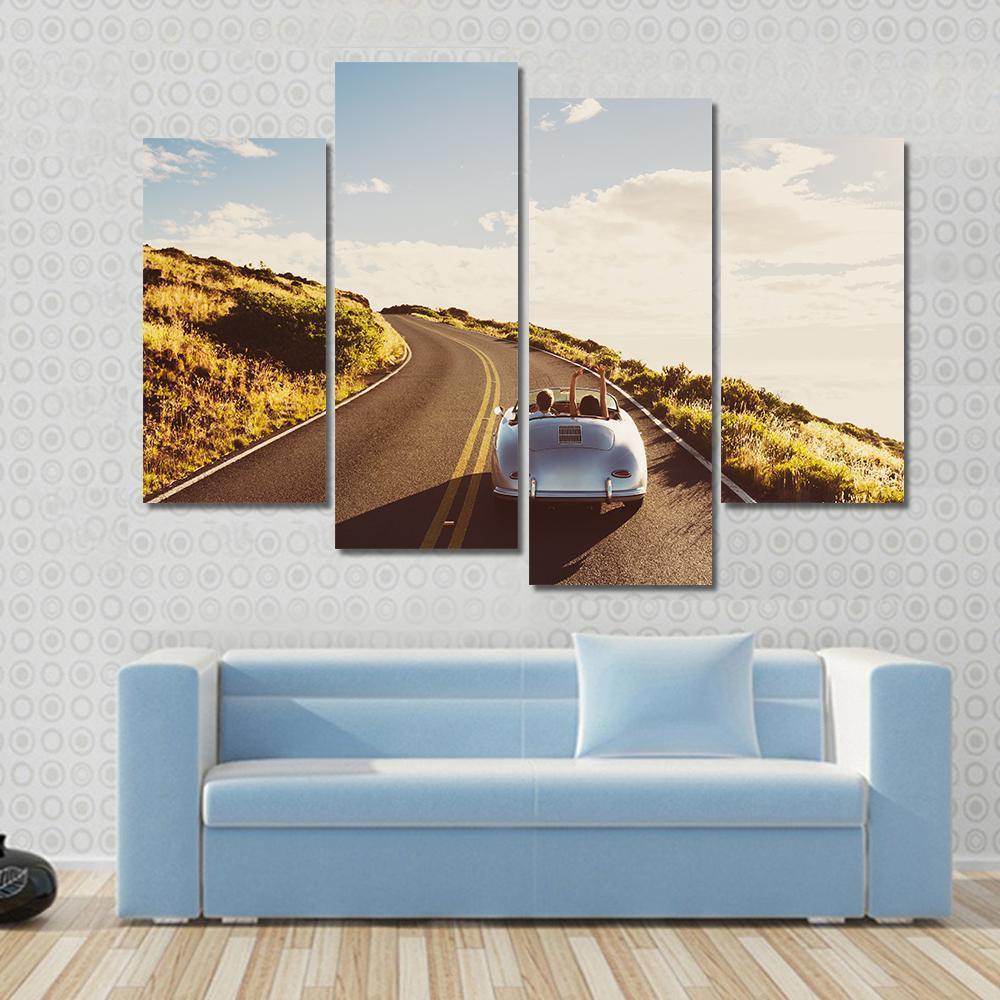 Happy Couple Driving Canvas Wall Art-4 Pop-Gallery Wrap-50&quot; x 32&quot;-Tiaracle