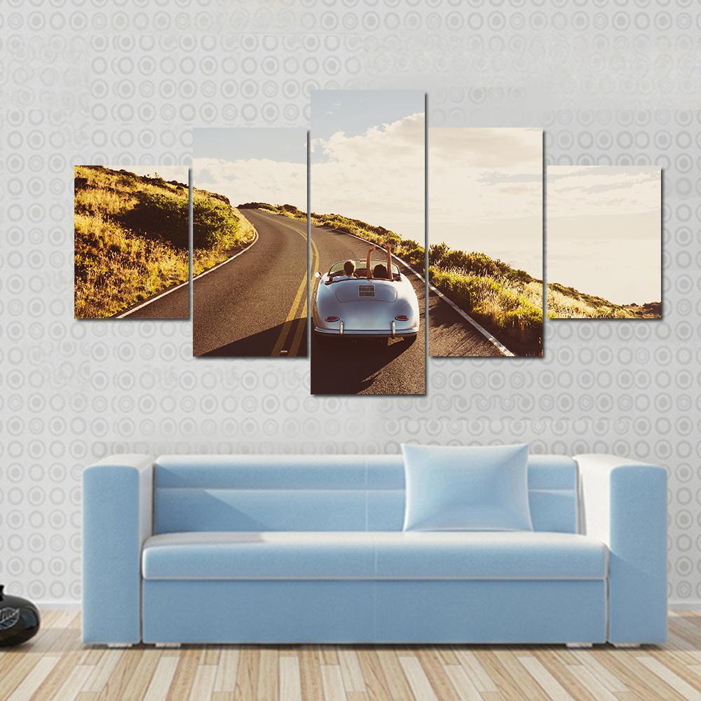 Happy Couple Driving Canvas Wall Art-5 Star-Gallery Wrap-62&quot; x 32&quot;-Tiaracle
