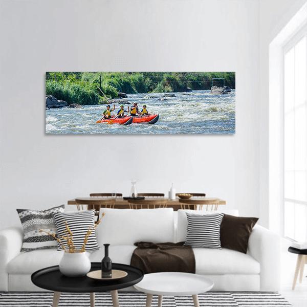 Family Rafting In River Panoramic Canvas Wall Art-3 Piece-25" x 08"-Tiaracle