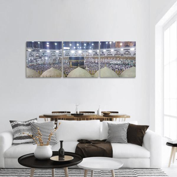 Haram Mosque Night Scene, Mecca Panoramic Canvas Wall Art in black, white and gray, hung on a wall