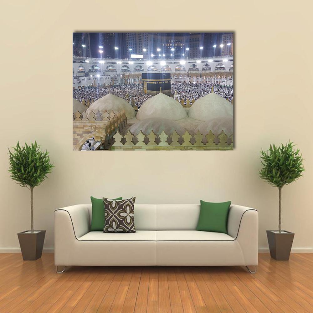Haram Mosque in Mecca Canvas Wall Art in white, gray and beige, single panel hung on a wall