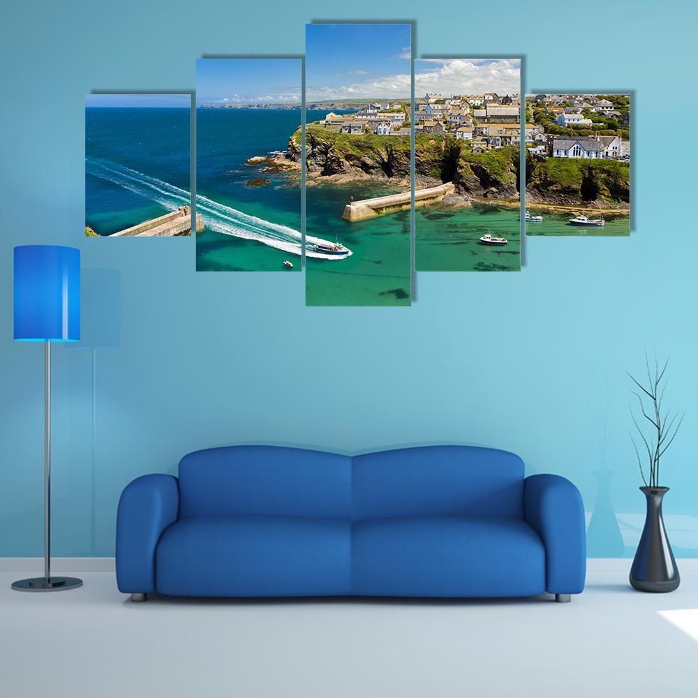 Harbor Of Port Isaac Canvas Wall Art-5 Star-Gallery Wrap-62" x 32"-Tiaracle