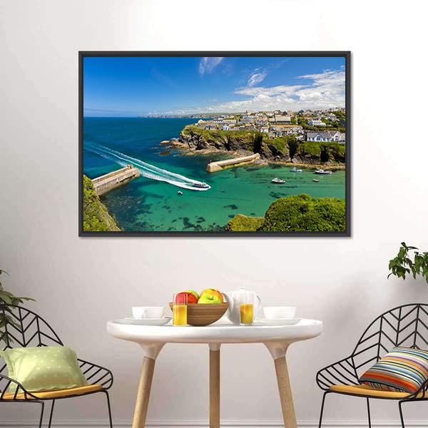Harbor Of Port Isaac Canvas Wall Art-1 Piece-Floating Frame-24" x 16"-Tiaracle