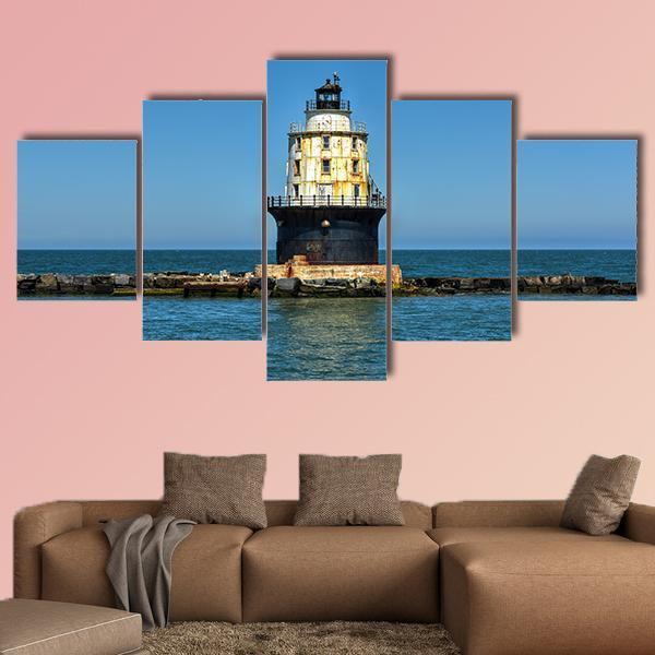 Harbor Of Refuge Lighthouse Canvas Wall Art-5 Star-Gallery Wrap-62" x 32"-Tiaracle