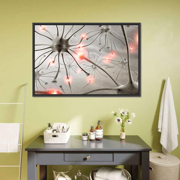 Hardwired Neurons Canvas Wall Art in white, gray and red, framed canvas, product view on a white background