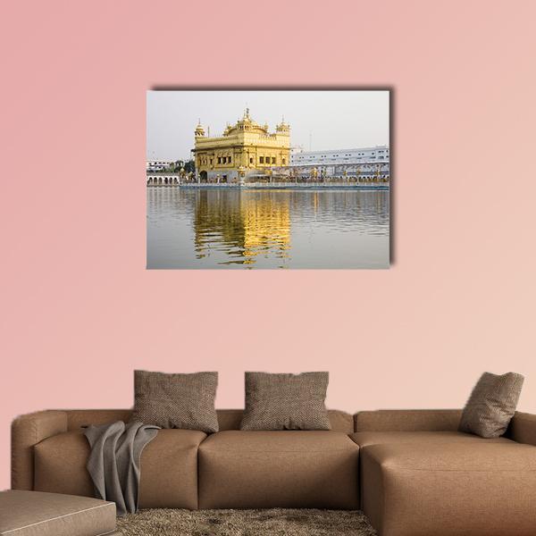 Harimandir Sahib Golden Temple Canvas Wall Art in white, gray and gold, single panel hung on a wall