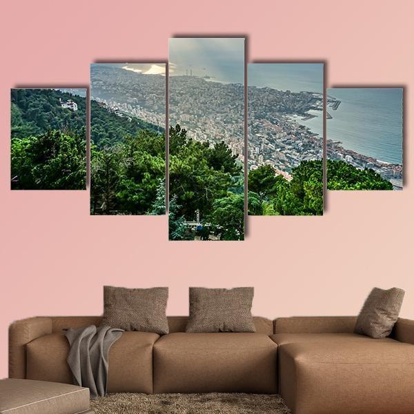 Jounieh Landscape At Sunset Canvas Wall Art-5 Star-Gallery Wrap-62" x 32"-Tiaracle