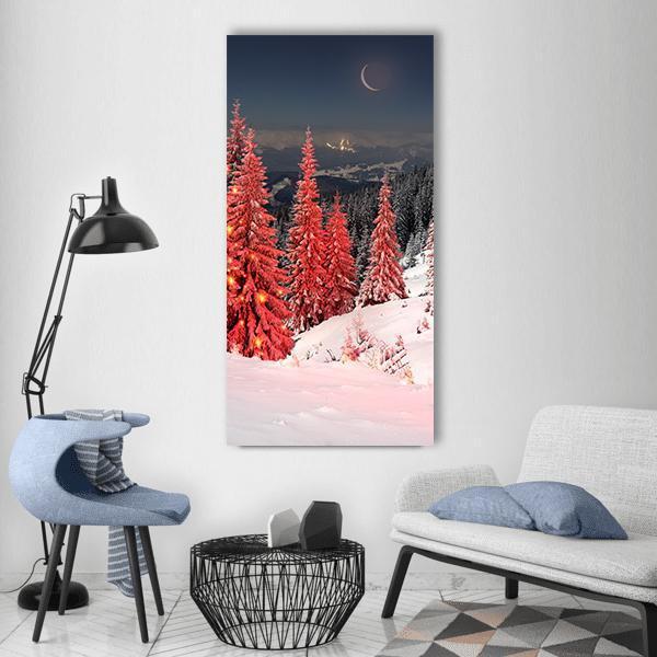 Mount Kukul in Winter Vertical Canvas Wall Art in white, red and blue, single vertical panel hung on a wall