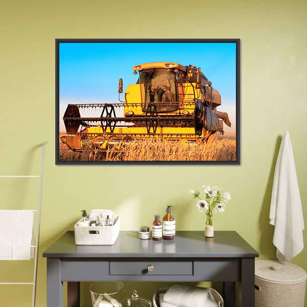 Harvest Machine In Fields Canvas Wall Art-1 Piece-Floating Frame-24" x 16"-Tiaracle