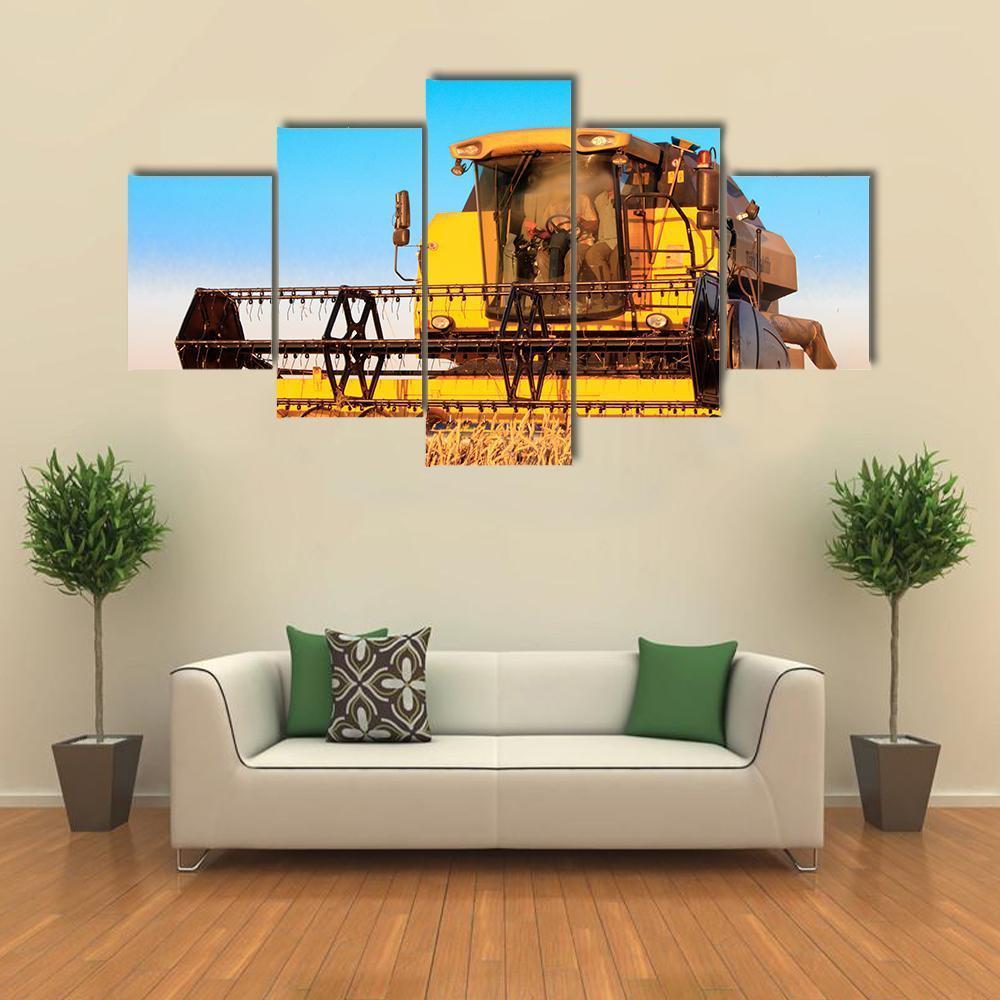 Harvest Machine In Fields Canvas Wall Art-5 Star-Gallery Wrap-62" x 32"-Tiaracle