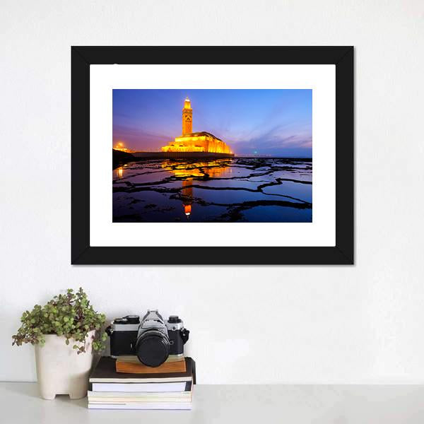 Hassan II Mosque At Night Canvas Wall Art-1 Piece-Framed Print-20" x 16"-Tiaracle
