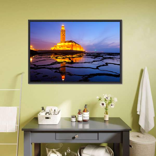 Hassan II Mosque At Night Canvas Wall Art-1 Piece-Floating Frame-24" x 16"-Tiaracle
