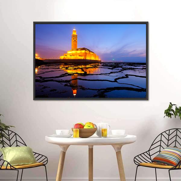 Hassan II Mosque At Night Canvas Wall Art-5 Horizontal-Gallery Wrap-22" x 12"-Tiaracle