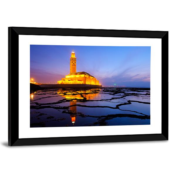 Hassan II Mosque At Night Canvas Wall Art-3 Horizontal-Gallery Wrap-25" x 16"-Tiaracle