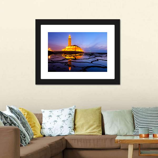 Hassan II Mosque At Night Canvas Wall Art-3 Horizontal-Gallery Wrap-25" x 16"-Tiaracle
