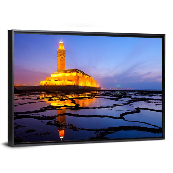 Hassan II Mosque At Night Canvas Wall Art-5 Horizontal-Gallery Wrap-22" x 12"-Tiaracle
