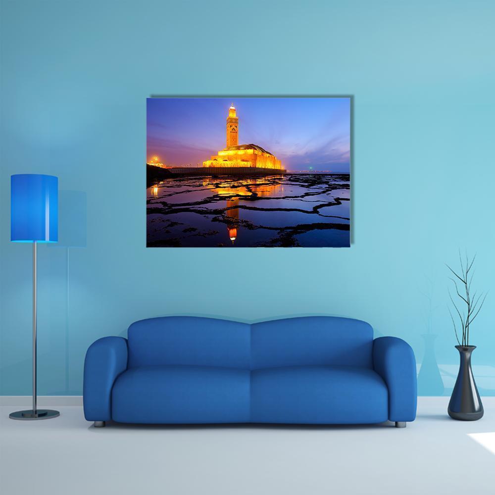 Hassan II Mosque At Night Canvas Wall Art-5 Horizontal-Gallery Wrap-22" x 12"-Tiaracle