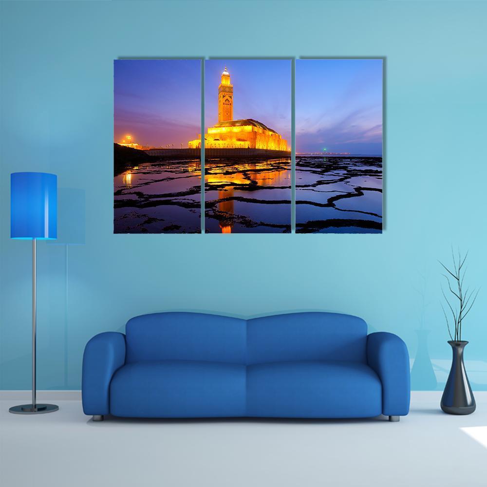 Hassan II Mosque At Night Canvas Wall Art-3 Horizontal-Gallery Wrap-37" x 24"-Tiaracle