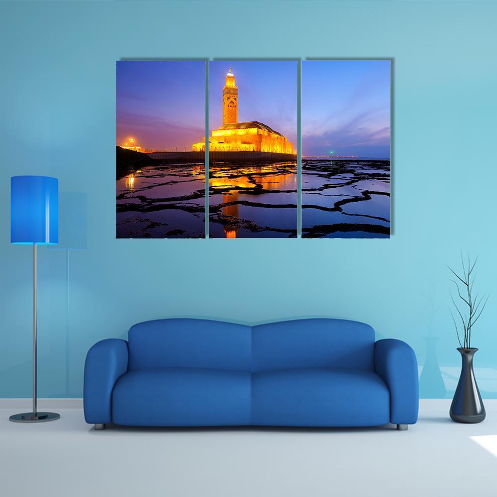 Hassan II Mosque At Night Canvas Wall Art-4 Pop-Gallery Wrap-50" x 32"-Tiaracle