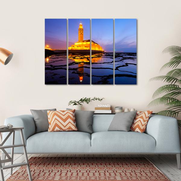 Hassan II Mosque At Night Canvas Wall Art-4 Horizontal-Gallery Wrap-34" x 24"-Tiaracle