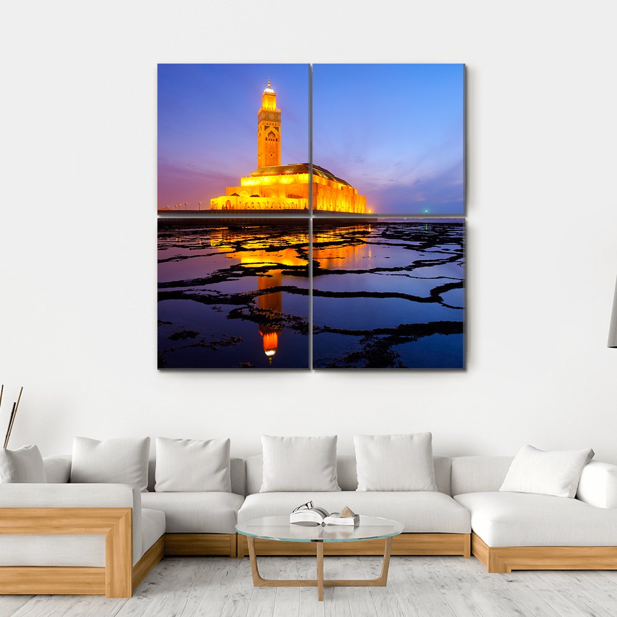 Hassan II Mosque At Night Canvas Wall Art-4 Square-Gallery Wrap-17" x 17"-Tiaracle