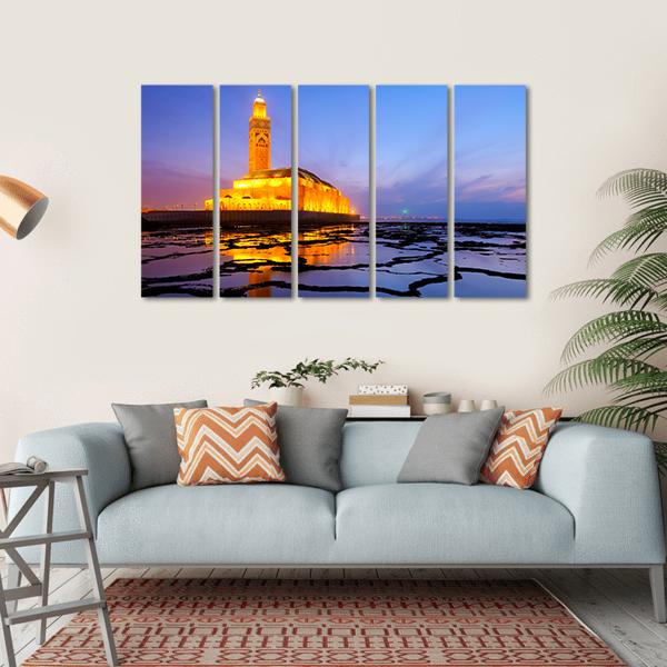 Hassan II Mosque At Night Canvas Wall Art-5 Horizontal-Gallery Wrap-22" x 12"-Tiaracle