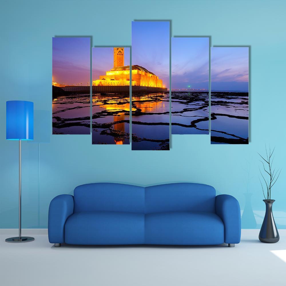 Hassan II Mosque At Night Canvas Wall Art-5 Pop-Gallery Wrap-47" x 32"-Tiaracle
