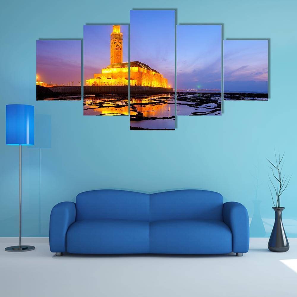 Hassan II Mosque At Night Canvas Wall Art-5 Star-Gallery Wrap-62" x 32"-Tiaracle
