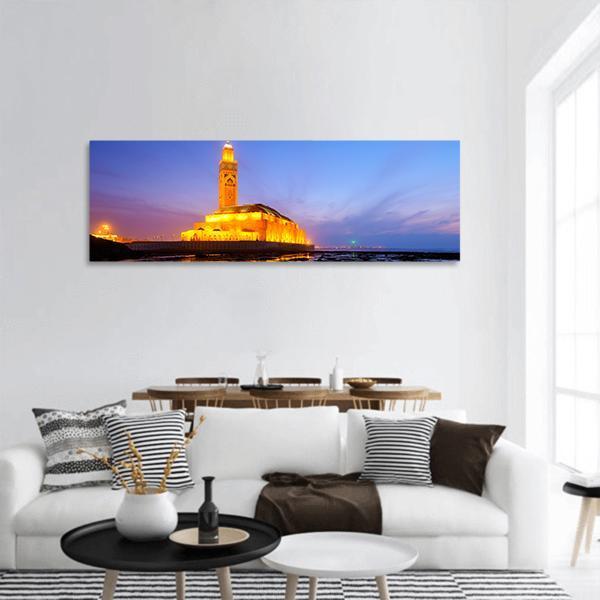 Hassan II Mosque At Night Panoramic Canvas Wall Art-3 Piece-25" x 08"-Tiaracle