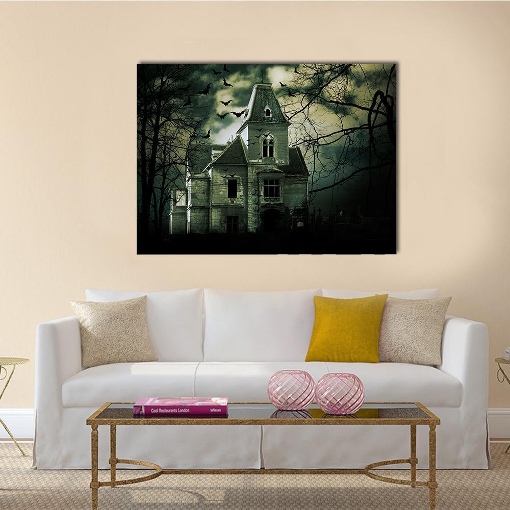 Gothic Haunted Mansion with Swarming Bats Canvas Wall Art in black, gray and green, single panel hung on a wall
