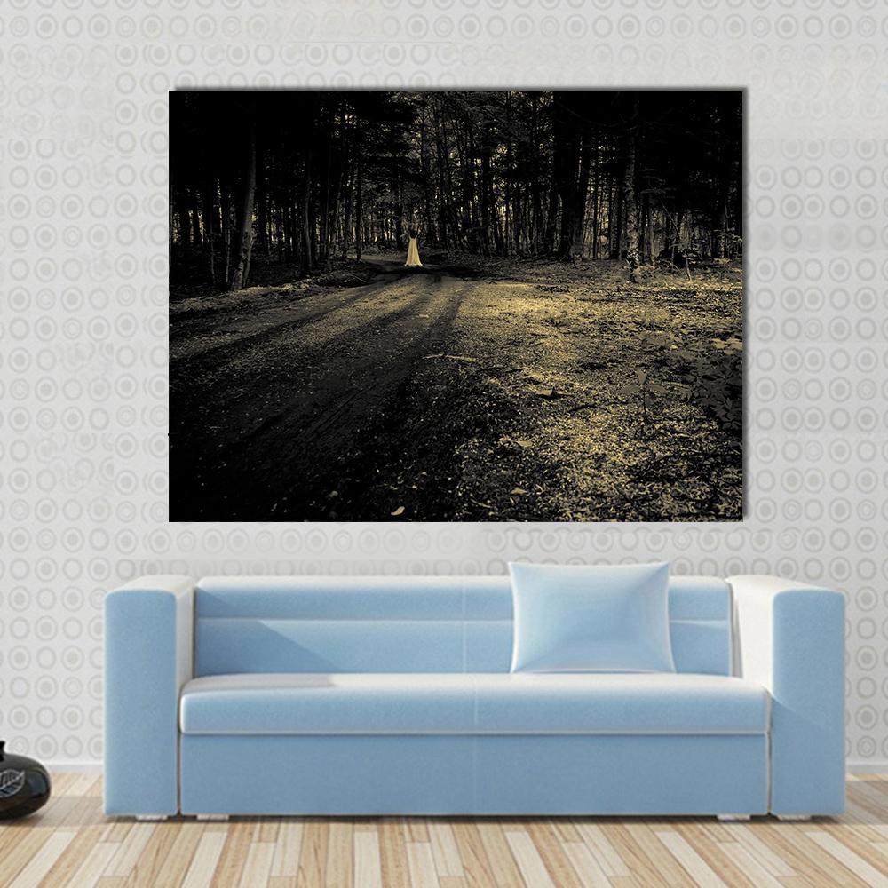 Haunted Roadside Area Canvas Wall Art in black, gray and yellow, single panel hung on a wall