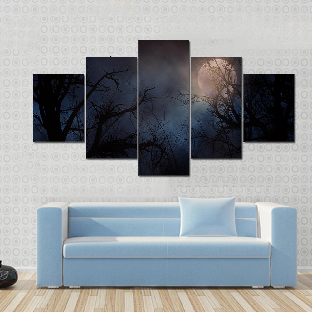 Haunted Trees Under Moon Canvas Wall Art-5 Star-Gallery Wrap-62&quot; x 32&quot;-Tiaracle