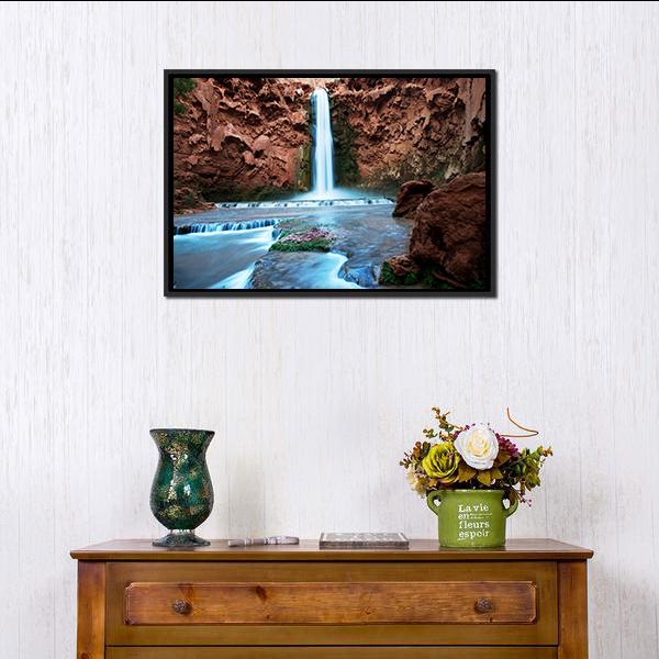 Havasu Falls Canvas Wall Art in brown, orange and blue, framed canvas, product view on a white background