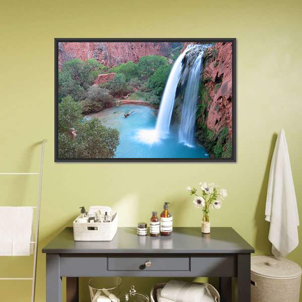 Havasu Falls Turquoise Pool and Red Rocks Canvas Wall Art in red, green and blue, framed canvas, product view on a white background