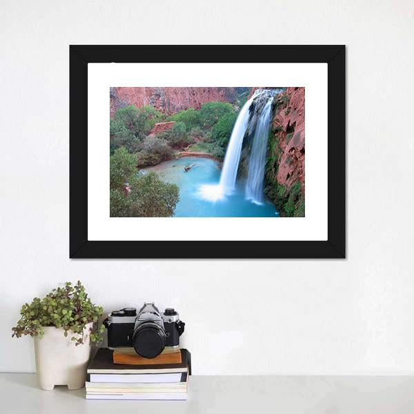 Havasu Falls Turquoise Pool and Red Rocks Canvas Wall Art in red, green and blue, framed print, product view on a white background