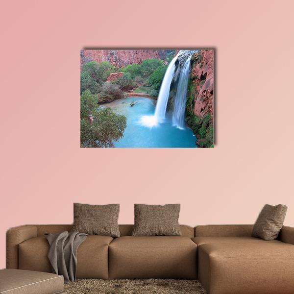 Havasu Falls Turquoise Pool and Red Rocks Canvas Wall Art in red, green and blue, single panel hung on a wall