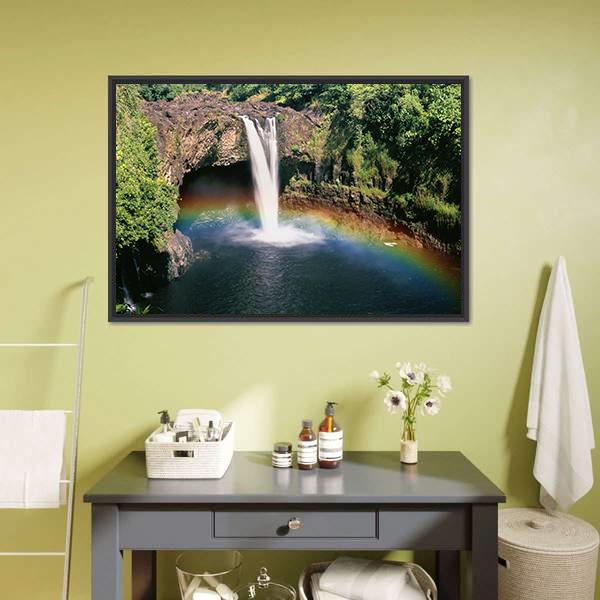Hawaii Rainbow Falls Canvas Wall Art-1 Piece-Floating Frame-36" x 24"-Tiaracle
