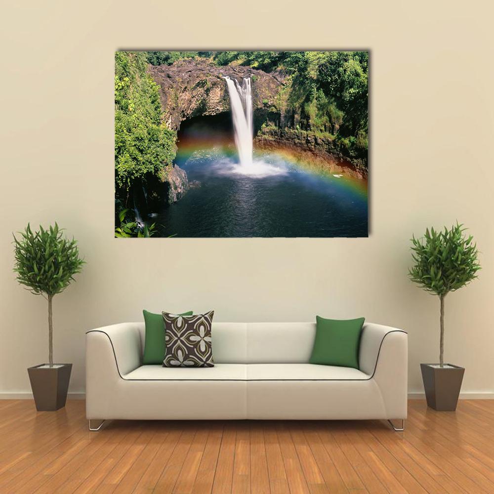 Hawaii Rainbow Falls Canvas Wall Art in brown, green and blue, single panel hung on a wall