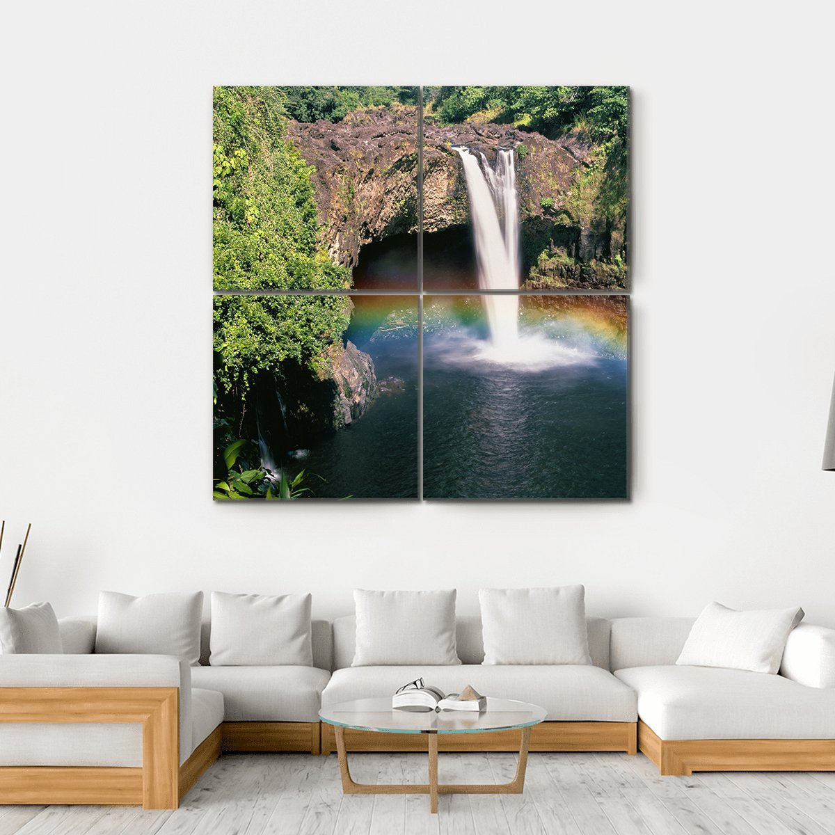 Hawaii Rainbow Falls Canvas Wall Art-4 Square-Gallery Wrap-17" x 17"-Tiaracle